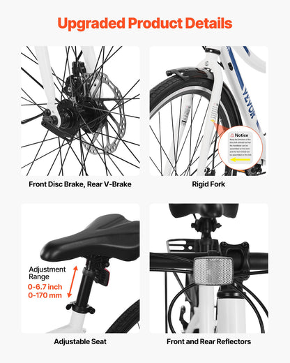 Hybrid Bike, Lightweight Aluminum Frame Bike, 700c Wheel Men and Women Hybrid Bicycle, Step-Through Adult Urban City Commuter Bikes with 7-Speed Shimano Drivetrain, Dual Brake, Adjustable Seat
