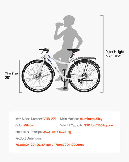 Hybrid Bike, Lightweight Aluminum Frame Bike, 700c Wheel Men and Women Hybrid Bicycle, Step-Through Adult Urban City Commuter Bikes with 7-Speed Shimano Drivetrain, Dual Brake, Adjustable Seat