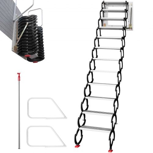Attic Steps Pull Down 12 Steps Attic Stairs Alloy Attic Access Ladder, Black Pulldown Attic Stairs, Wall-mounted Folding Stairs for Attic, Retractable Attic Ladder with Armrests, 9.8 feet Height