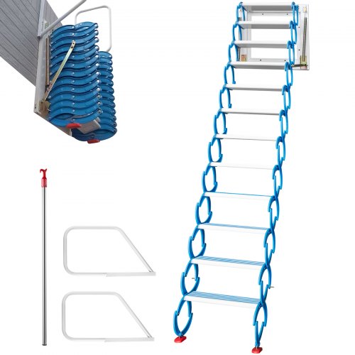 Attic Steps Pull Down 12 Steps Attic Stairs, Alloy Attic Access Ladder, Blue Pulldown Attic Stairs, Wall-mounted Folding Stairs for Attic, Retractable Attic Ladder with Armrests, 9.8 feet Height