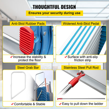 Attic Steps Pull Down 12 Steps Attic Stairs, Alloy Attic Access Ladder, Blue Pulldown Attic Stairs, Wall-mounted Folding Stairs for Attic, Retractable Attic Ladder with Armrests, 9.8 feet Height