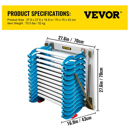 Attic Steps Pull Down 12 Steps Attic Stairs, Alloy Attic Access Ladder, Blue Pulldown Attic Stairs, Wall-mounted Folding Stairs for Attic, Retractable Attic Ladder with Armrests, 9.8 feet Height