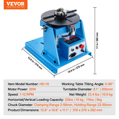 Rotary Welding Positioner 10KG, 0-90° Welding Positioning Turntable Table with 8.1 Inch 3-Jaw Lathe Chuck, 1-12 RPM 20W Portable Welder Positioning Machine for Cutting Grinding Assembly Testing