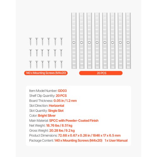 Regalschiene 72,3 Zoll, 20er-Pack verstellbare wandmontierte Stahlregale, Pilaster | EU