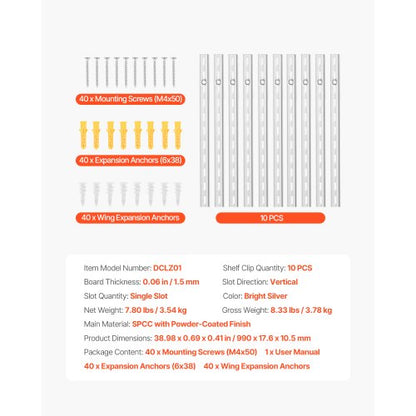 Hyllskena 94 cm, 10-pack justerbara väggmonterade hyllor i stål, pilaster |  EU