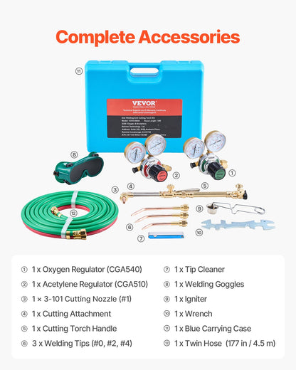 Oxygen Acetylene Torch Kit, Gas Welding Cutting Torch Kit, 14PCS Portable Oxy Acetylene Brazing Set with 177'' Long Twin-Hose, Cutting Nozzle, 3 Welding Tips & Carry Case (without Gas Cylinder)