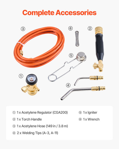 Air Acetylene Torch Kit, Acetylene Gas Welding Tool with 149'' Hose, 2 Welding Tips, CGA200 Regulator & Torch Handle, Gas Brazing Welder for Home DIY Industrial Sites (without Gas Cylinder)