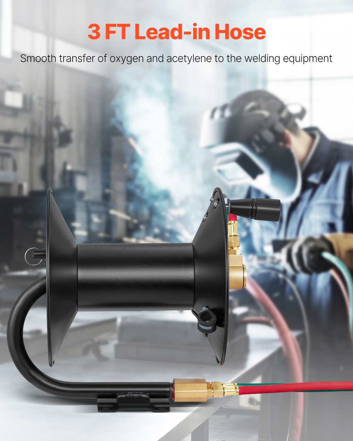 Welding Hose Reel, Hand Crank Rewind Hose Reel with 3FT Lead-in Hose and 9/16"-18 B Fittings, Ceiling/Wall Mount Heavy Duty Steel Reel for Workshops Garages (Welding Hose Not Included)