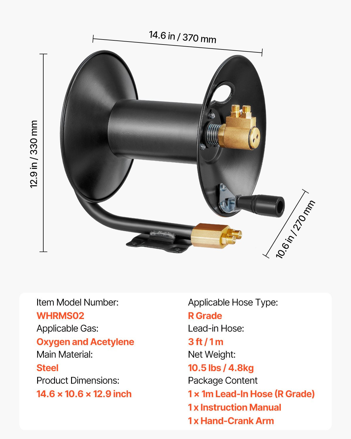Welding Hose Reel, Hand Crank Rewind Hose Reel with 3FT Lead-in Hose and 9/16"-18 B Fittings, Ceiling/Wall Mount Heavy Duty Steel Reel for Workshops Garages (Welding Hose Not Included)