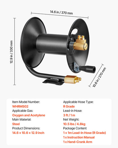 Welding Hose Reel, Hand Crank Rewind Hose Reel with 3FT Lead-in Hose and 9/16"-18 B Fittings, Ceiling/Wall Mount Heavy Duty Steel Reel for Workshops Garages (Welding Hose Not Included)