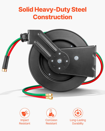Retractable Welding Hose Reel, 1/4-Inch x 50FT Twin Oxygen Acetylene Rubber Hose Max 300PSI - T Grade, Ceiling/Wall Mount Heavy Duty Steel Hose Reel Auto-Rewind, Ideal for Workshops Garages