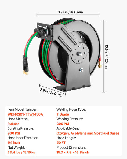 Retractable Welding Hose Reel, 1/4-Inch x 50FT Twin Oxygen Acetylene Rubber Hose Max 300PSI - T Grade, Ceiling/Wall Mount Heavy Duty Steel Hose Reel Auto-Rewind, Ideal for Workshops Garages