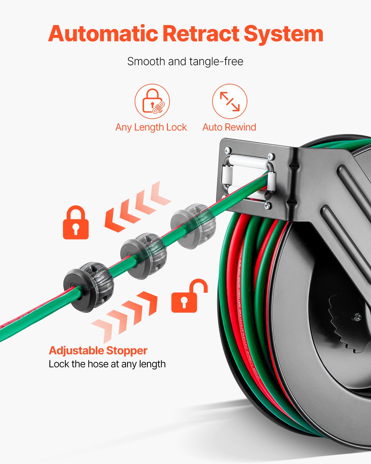 Retractable Welding Hose Reel, 1/4-Inch x 50FT Twin Oxygen Acetylene Rubber Hose Max 300PSI - R Grade, Ceiling/Wall Mount Heavy Duty Steel Hose Reel Auto-Rewind, Ideal for Workshops Garages