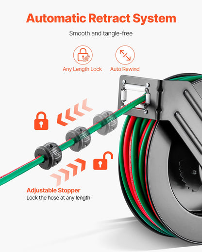 Retractable Welding Hose Reel, 1/4-Inch x 50FT Twin Oxygen Acetylene Rubber Hose Max 300PSI - R Grade, Ceiling/Wall Mount Heavy Duty Steel Hose Reel Auto-Rewind, Ideal for Workshops Garages