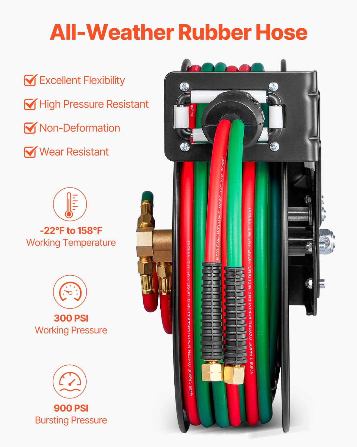 Retractable Welding Hose Reel, 1/4-Inch x 50FT Twin Oxygen Acetylene Rubber Hose Max 300PSI - R Grade, Ceiling/Wall Mount Heavy Duty Steel Hose Reel Auto-Rewind, Ideal for Workshops Garages