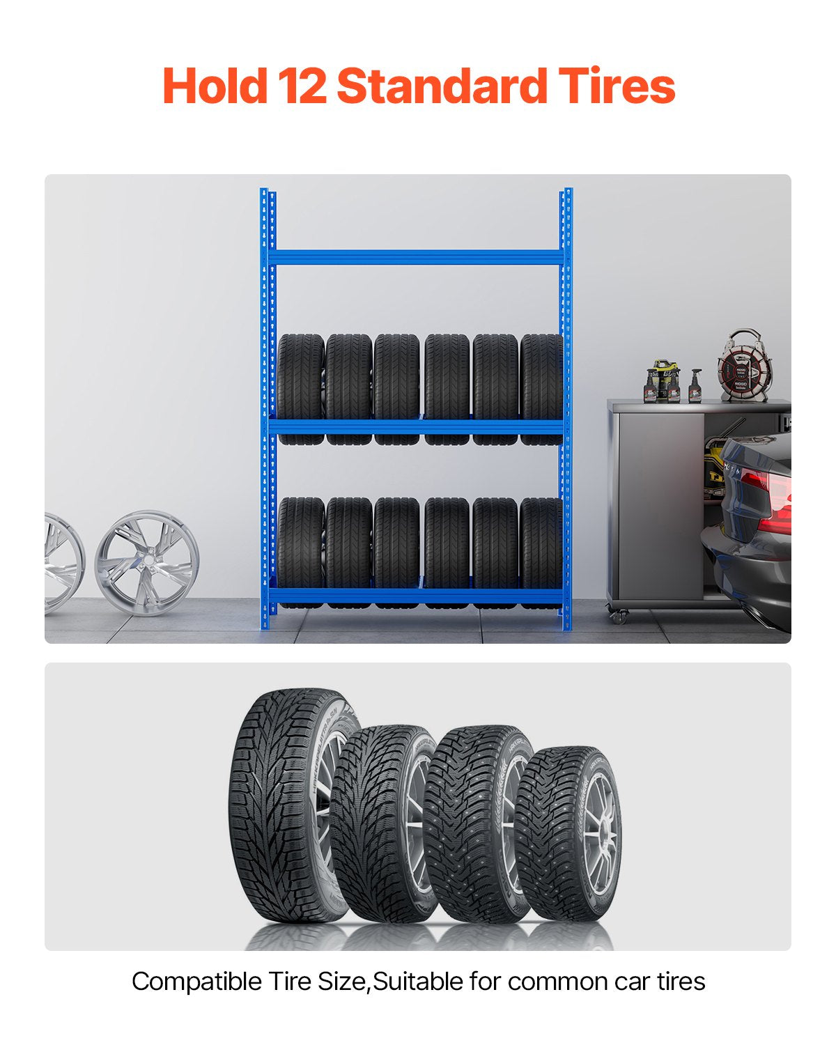 Tire storage rack 2-shelf tire holder that holds up to 12 standard tires
