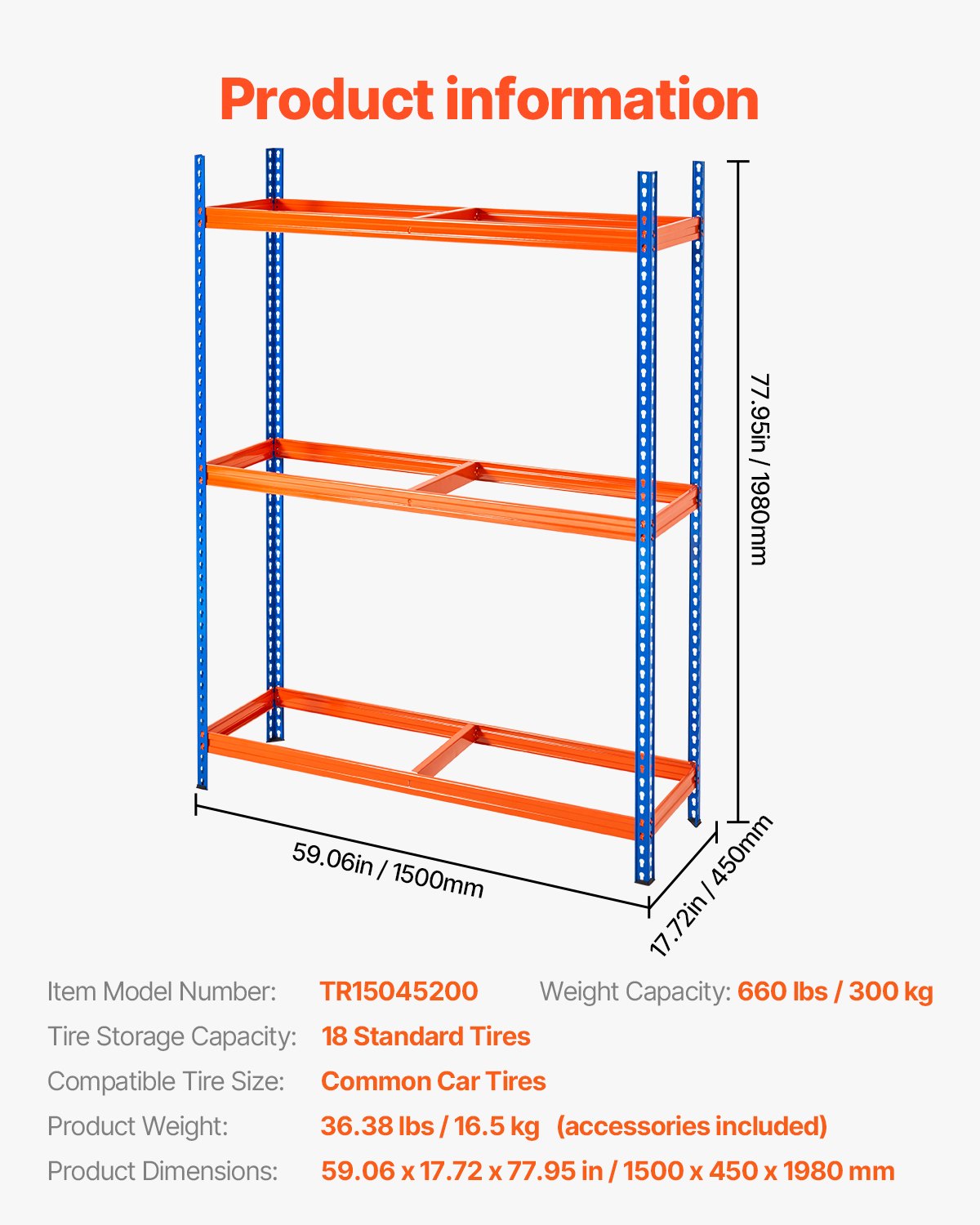 Däckförvaringsställ 3-hyllad däckhållare som rymmer upp till 18 standarddäck