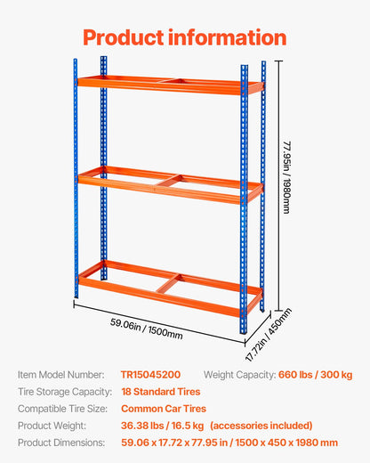 Däckförvaringsställ 3-hyllad däckhållare som rymmer upp till 18 standarddäck
