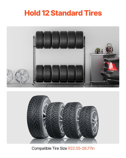 Rullande däckförvaringsställ 2-hyllad däckhållare Rymmer upp till 12 standarddäck
