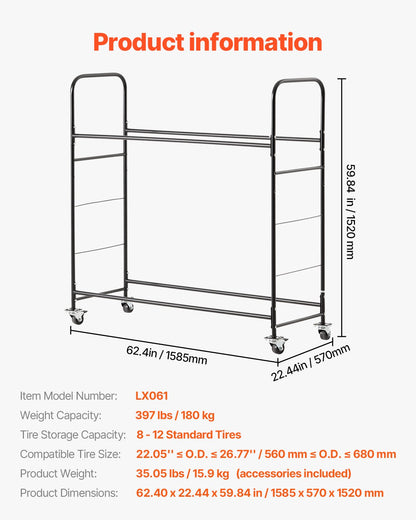 Rullande däckförvaringsställ 2-hyllad däckhållare Rymmer upp till 12 standarddäck