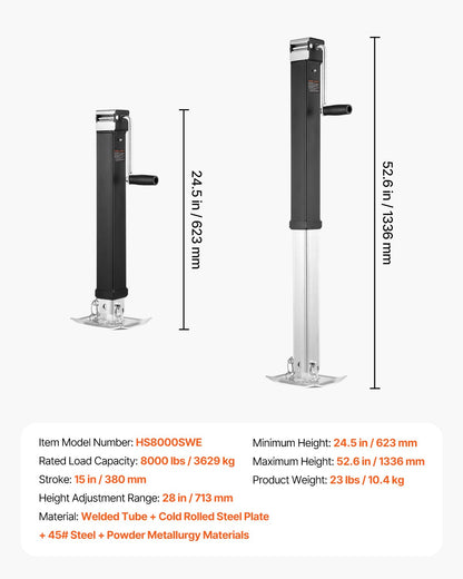 Trailer Jack, 8000 lbs Dynamic Load Capacity, Weld-on Pipe-Mount Swivel Trailer Jack with Ergonomic Handle, 15-inch Vertical Travel, Suitable for RV, Horse, Utility, Camping and Yacht Trailers