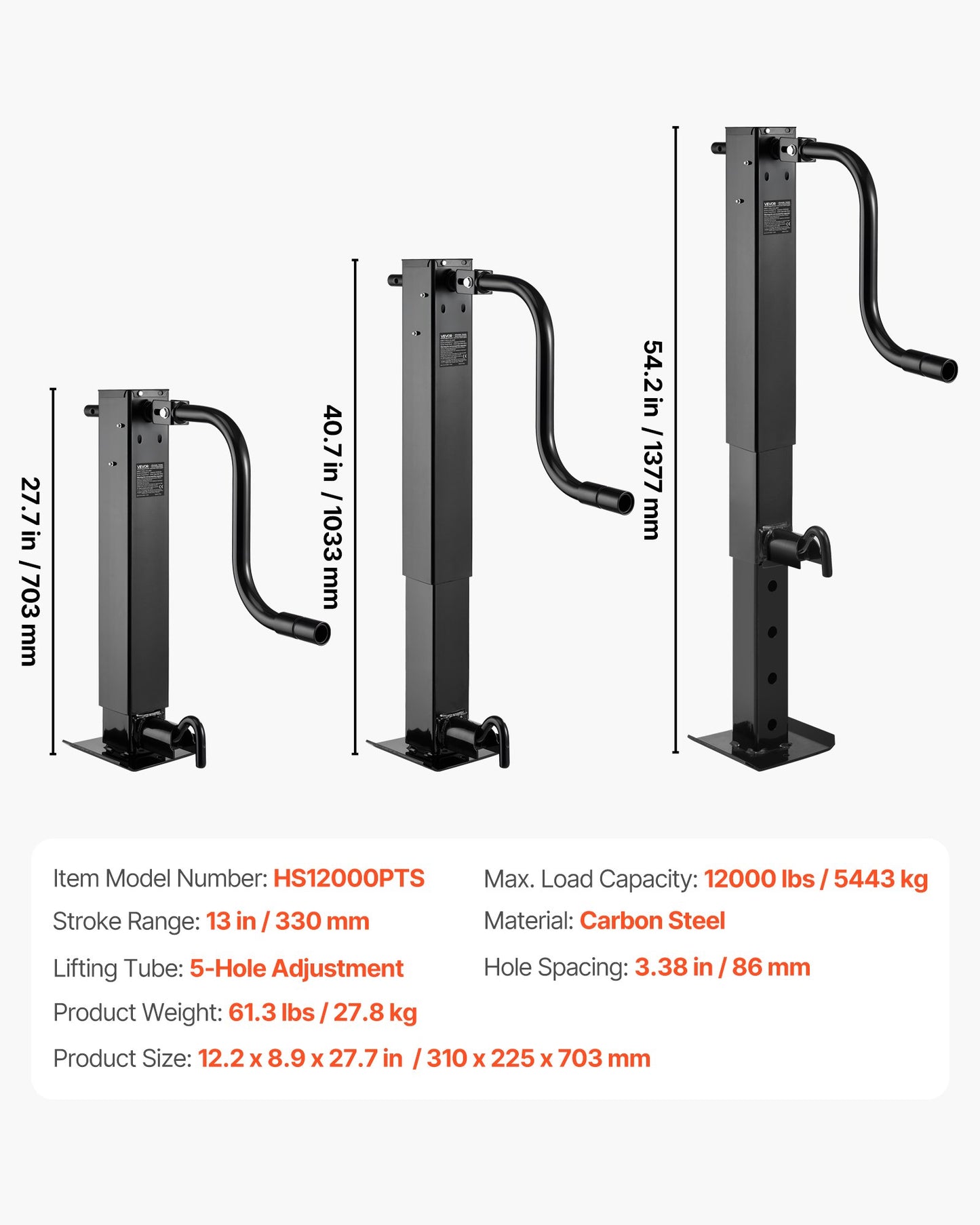 Heavy-Duty Trailer Jack, 12,000 lbs Load Capacity, Sidewind Square Direct Weld-on Trailer Jack with Handle Crank, Adjustable Drop Leg, 26-Inch Travel for Lifting RV, Utility, Yacht Trailers