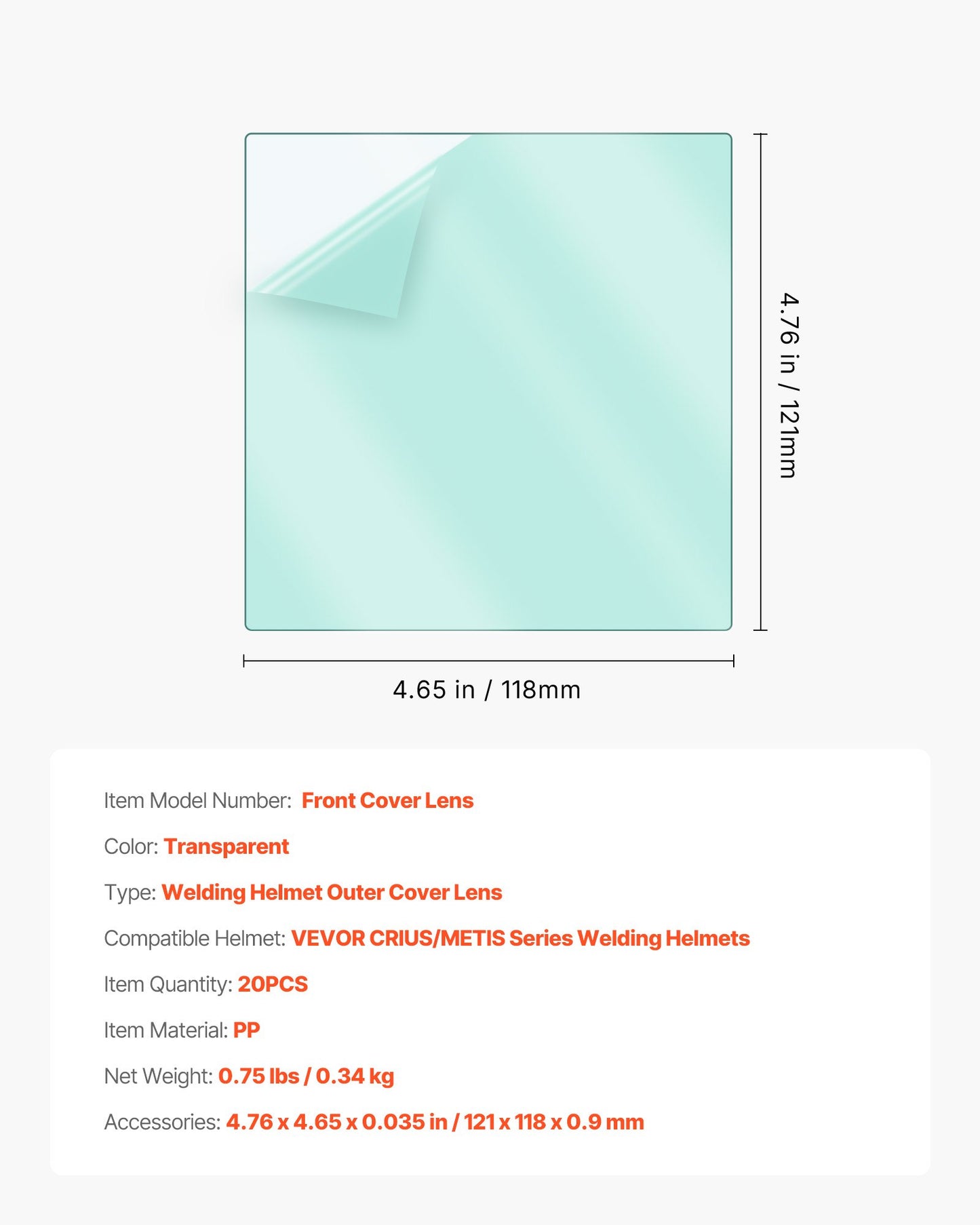 Welding Helmet Outer Cover Lens, 20PCS 4.76" x 4.65" Outside Replacement Lens, Filter Protective Clear Covers Compatible with CRIUS/METIS Series Auto Darkening Welding Helmets