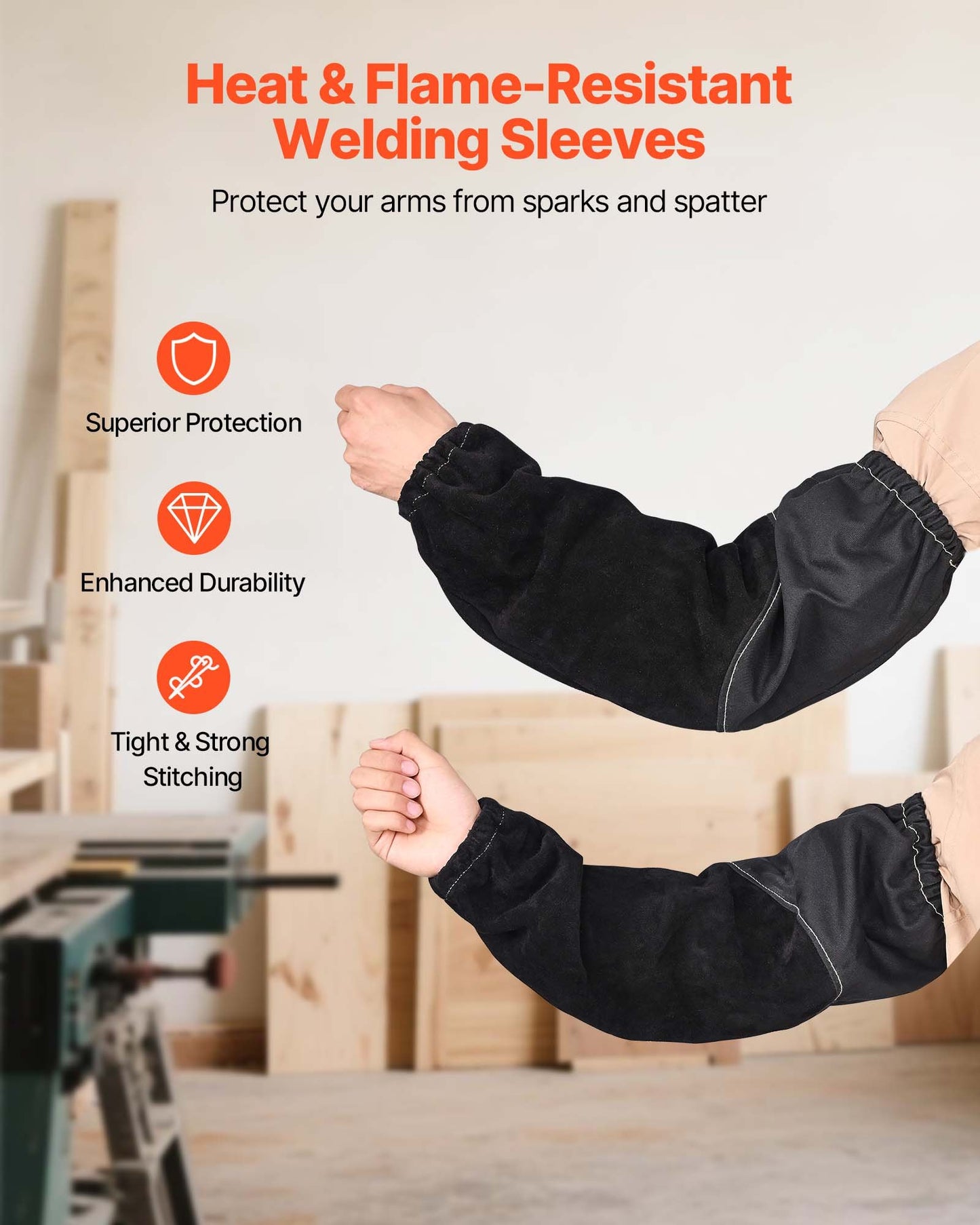 Flame Resistant Welding Work Sleeves, Heavy Duty Cowhide Leather & FR Cotton Arm Protection Sleeves for Men Women - with Elastic Cuffs for Welding, Blacksmithing, Woodworking