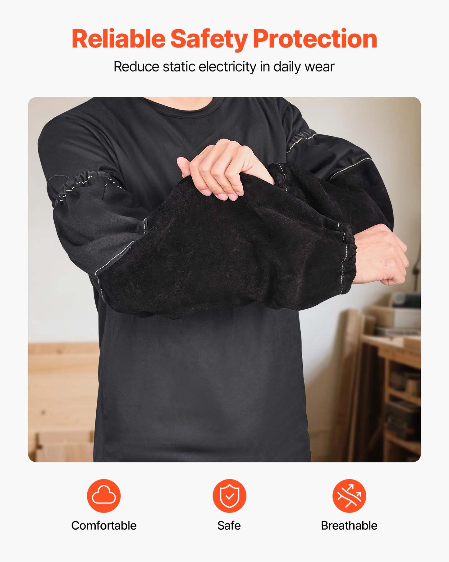 Flame Resistant Welding Work Sleeves, Heavy Duty Cowhide Leather & FR Cotton Arm Protection Sleeves for Men Women - with Elastic Cuffs for Welding, Blacksmithing, Woodworking