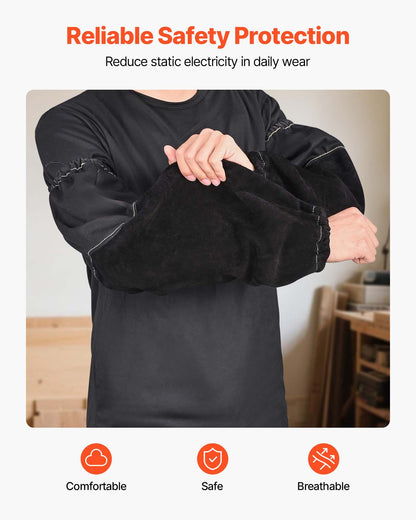 Flame Resistant Welding Work Sleeves, Heavy Duty Cowhide Leather & FR Cotton Arm Protection Sleeves for Men Women - with Elastic Cuffs for Welding, Blacksmithing, Woodworking