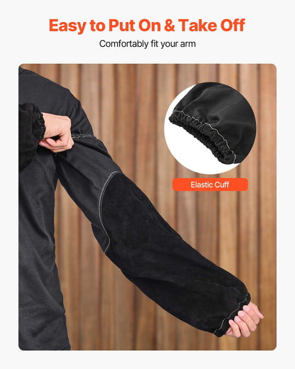 Flame Resistant Welding Work Sleeves, Heavy Duty Cowhide Leather & FR Cotton Arm Protection Sleeves for Men Women - with Elastic Cuffs for Welding, Blacksmithing, Woodworking
