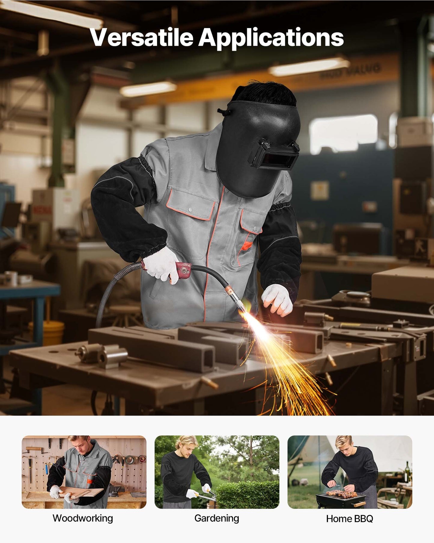 Flame Resistant Welding Work Sleeves, Heavy Duty Cowhide Leather & FR Cotton Arm Protection Sleeves for Men Women - with Elastic Cuffs for Welding, Blacksmithing, Woodworking