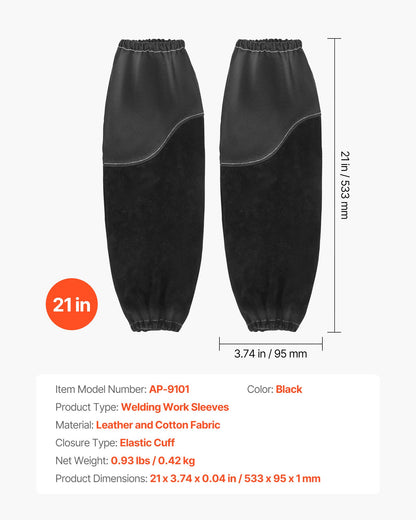 Flame Resistant Welding Work Sleeves, Heavy Duty Cowhide Leather & FR Cotton Arm Protection Sleeves for Men Women - with Elastic Cuffs for Welding, Blacksmithing, Woodworking