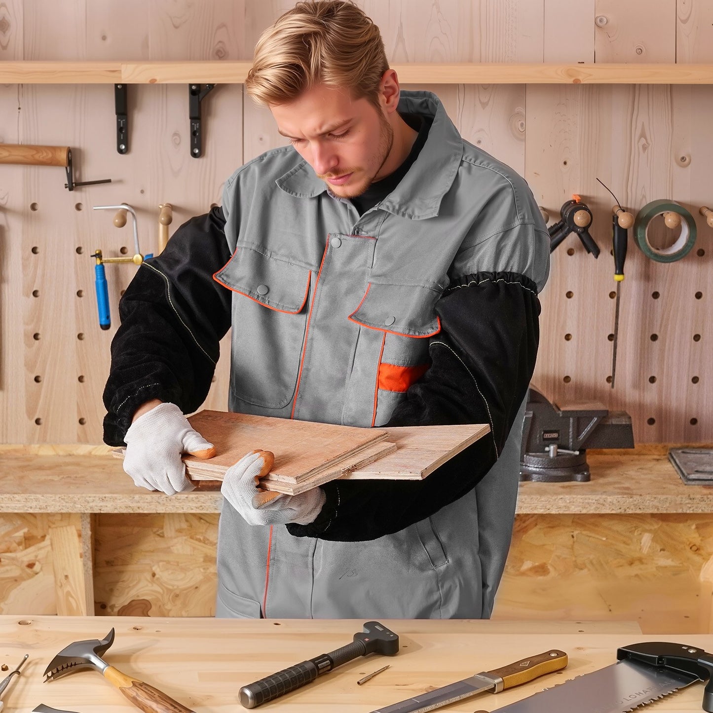 Flame Resistant Welding Work Sleeves, Heavy Duty Cowhide Leather & FR Cotton Arm Protection Sleeves for Men Women - with Elastic Cuffs for Welding, Blacksmithing, Woodworking