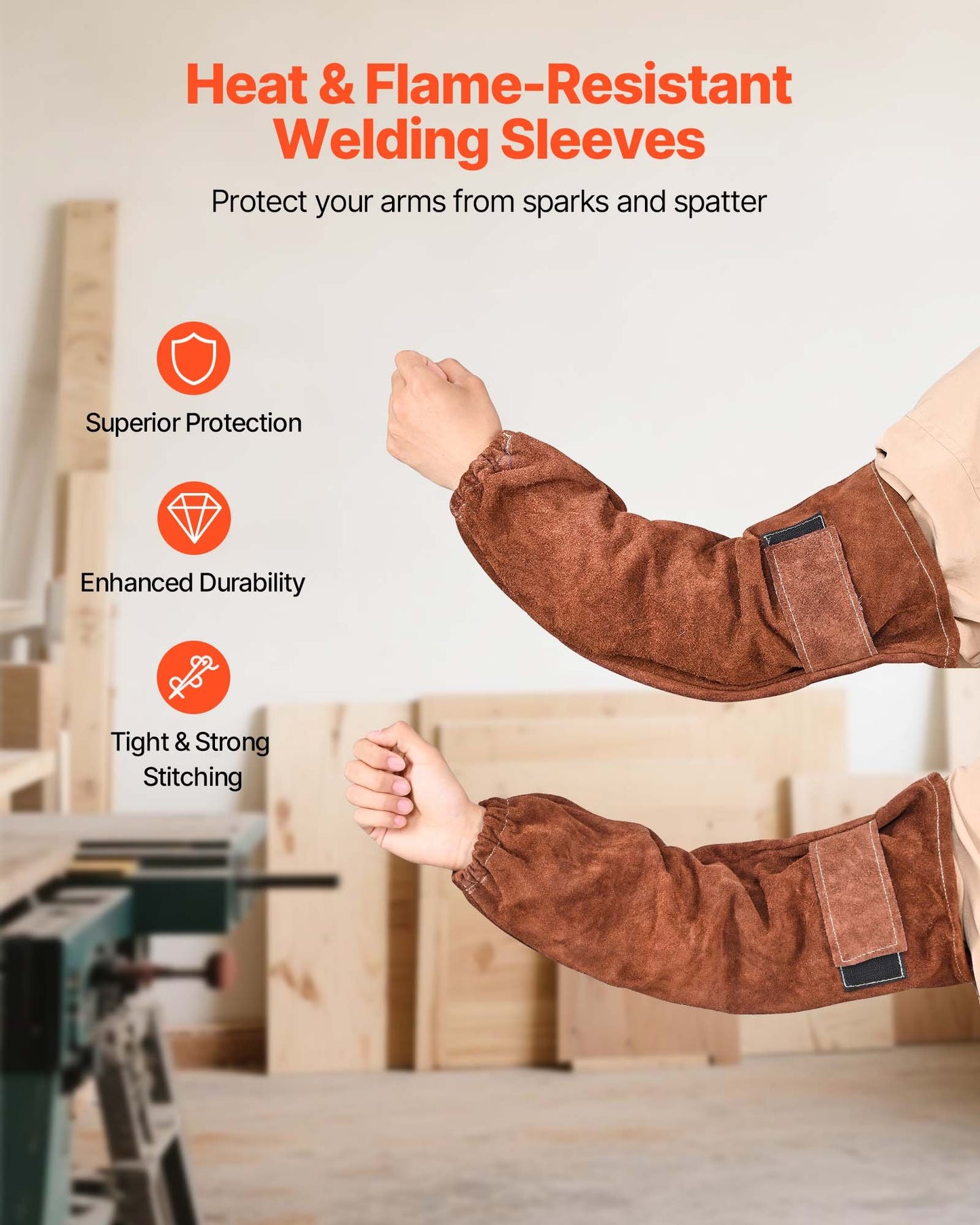 Leather Welding Sleeves, Heavy Duty Cowhide Flame Resistant Work Sleeves for Arm Protection, Heat-Resistant Safety Sleeve for Welding, Blacksmithing, Woodworking, Gardening