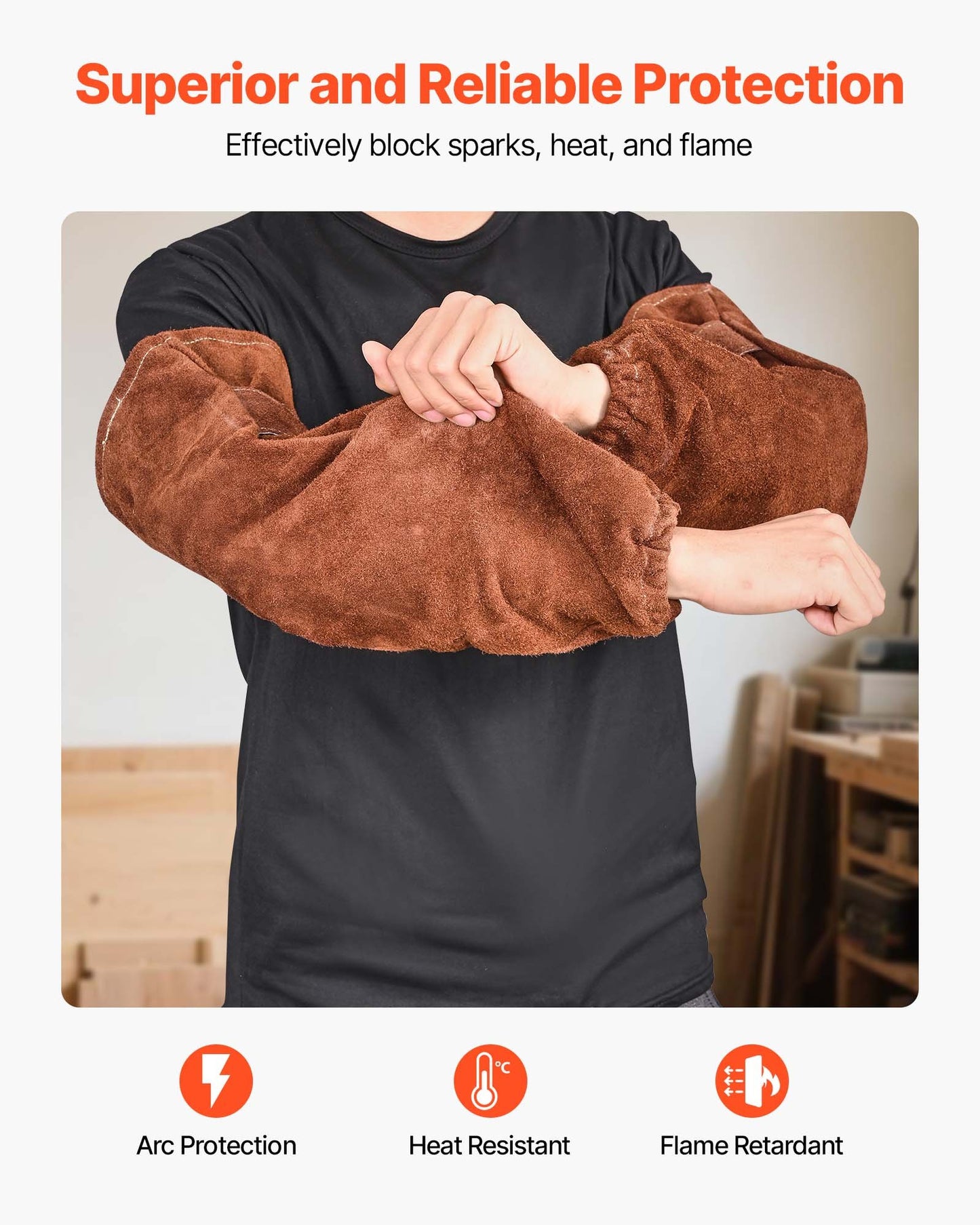 Leather Welding Sleeves, Heavy Duty Cowhide Flame Resistant Work Sleeves for Arm Protection, Heat-Resistant Safety Sleeve for Welding, Blacksmithing, Woodworking, Gardening