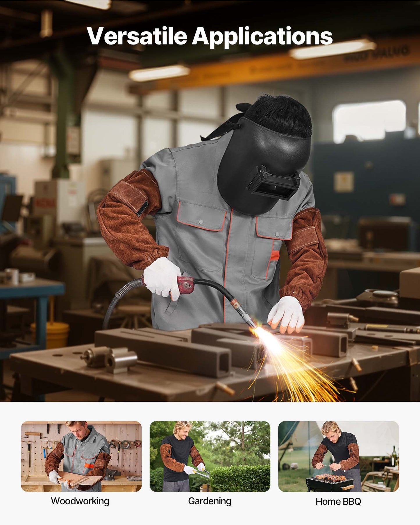 Leather Welding Sleeves, Heavy Duty Cowhide Flame Resistant Work Sleeves for Arm Protection, Heat-Resistant Safety Sleeve for Welding, Blacksmithing, Woodworking, Gardening