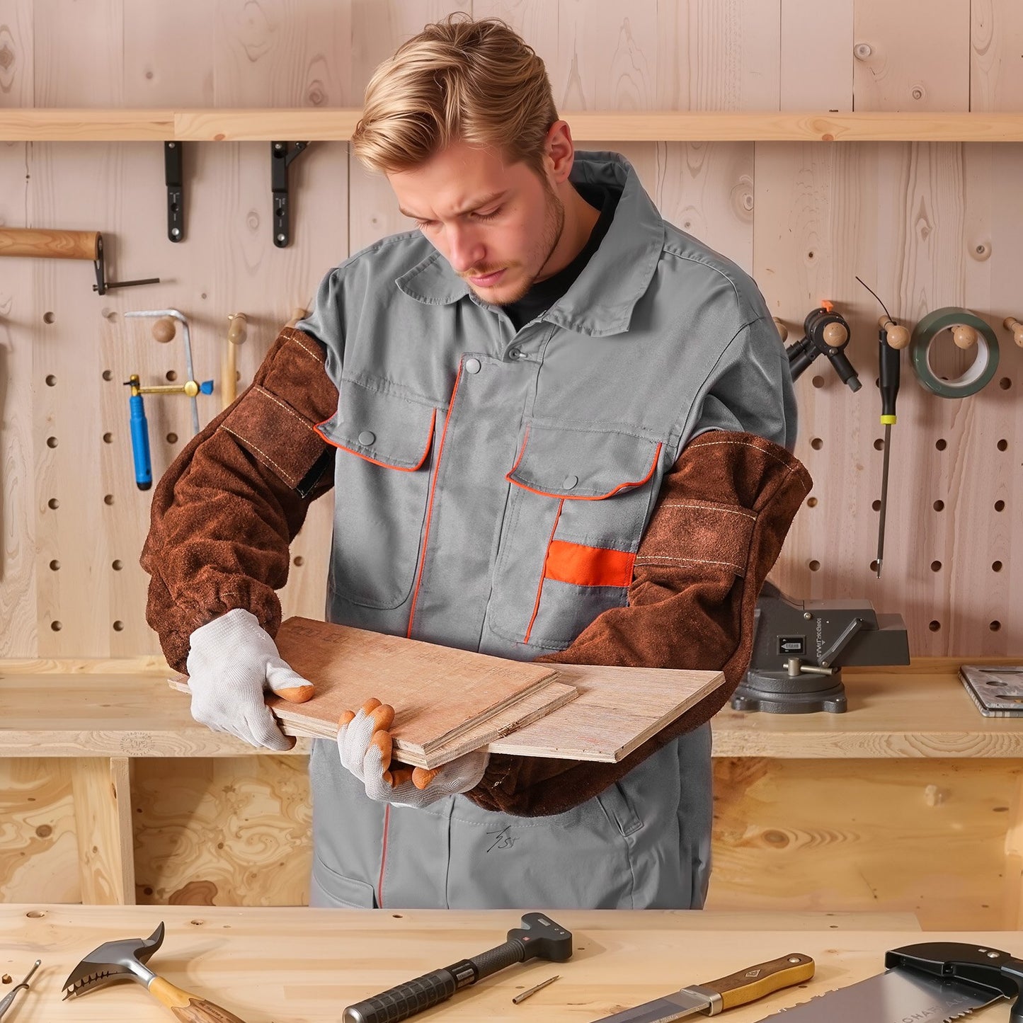 Leather Welding Sleeves, Heavy Duty Cowhide Flame Resistant Work Sleeves for Arm Protection, Heat-Resistant Safety Sleeve for Welding, Blacksmithing, Woodworking, Gardening