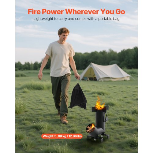 Camping Raketkök, Vedeldad Bärbar Raketkök med Bärväska för Backpacking, Kolstål, Bränn Ved, Kvistar eller Pinnar för Utomhusmatlagning, Bakgård, Campingmatlagning, Uppvärmning, Svart |  EU