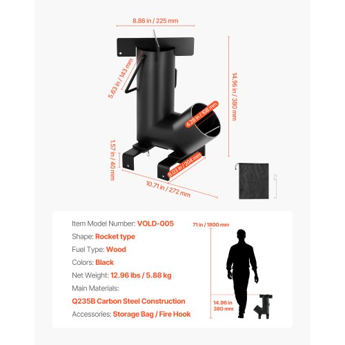Camping Raketkök, Vedeldad Bärbar Raketkök med Bärväska för Backpacking, Kolstål, Bränn Ved, Kvistar eller Pinnar för Utomhusmatlagning, Bakgård, Campingmatlagning, Uppvärmning, Svart |  EU
