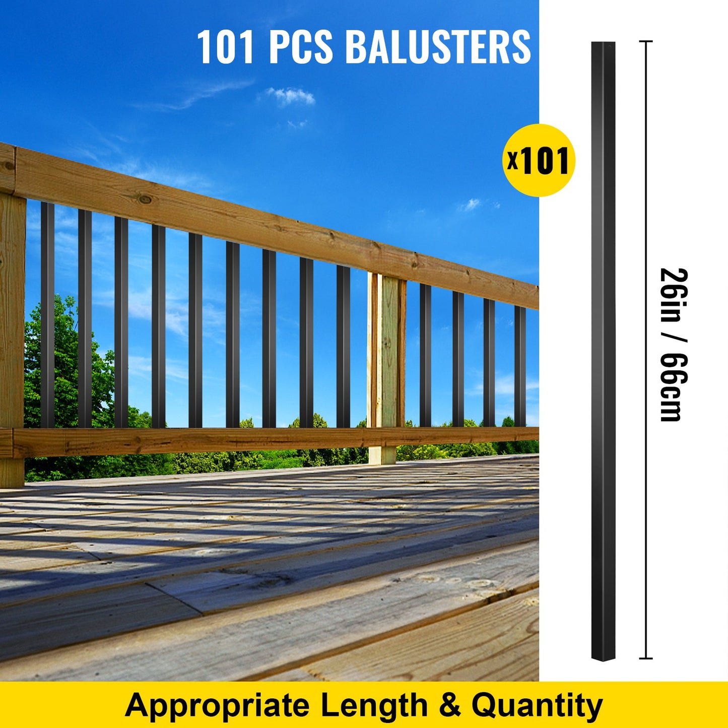 Deck Balusters, 101 Pack Metal Deck Spindles, 26\"x0.75\" Staircase Baluster with Screws, Aluminum Alloy Deck Railing for Wood and Composite Deck, Square Baluster for Outdoor Stair Deck Porch