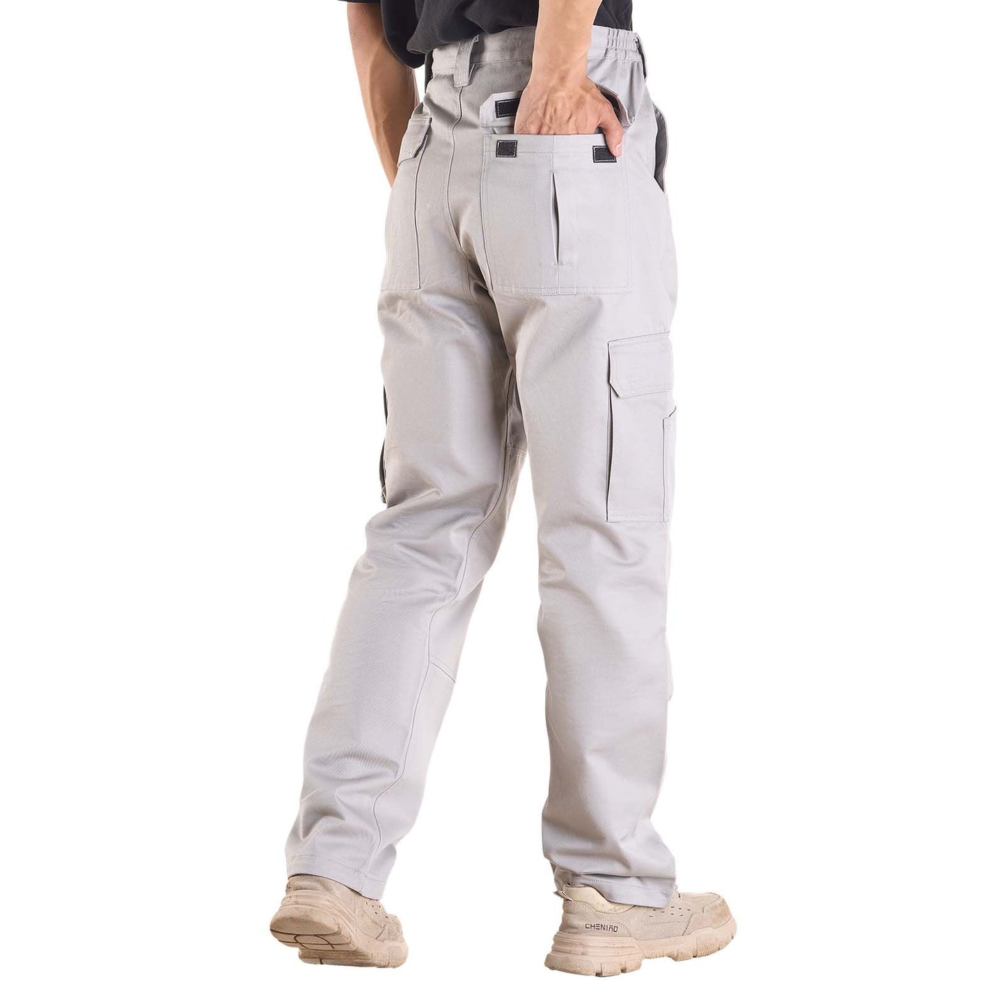 FR Pants for Men, 9 oz 100% Cotton, Flame-Resistant Cargo Pants with Multi-Pockets and Elastic Waist, Reinforced Tear-proof Stitching, Ideal for Welding Work and Casual Wear, L Size, Gray