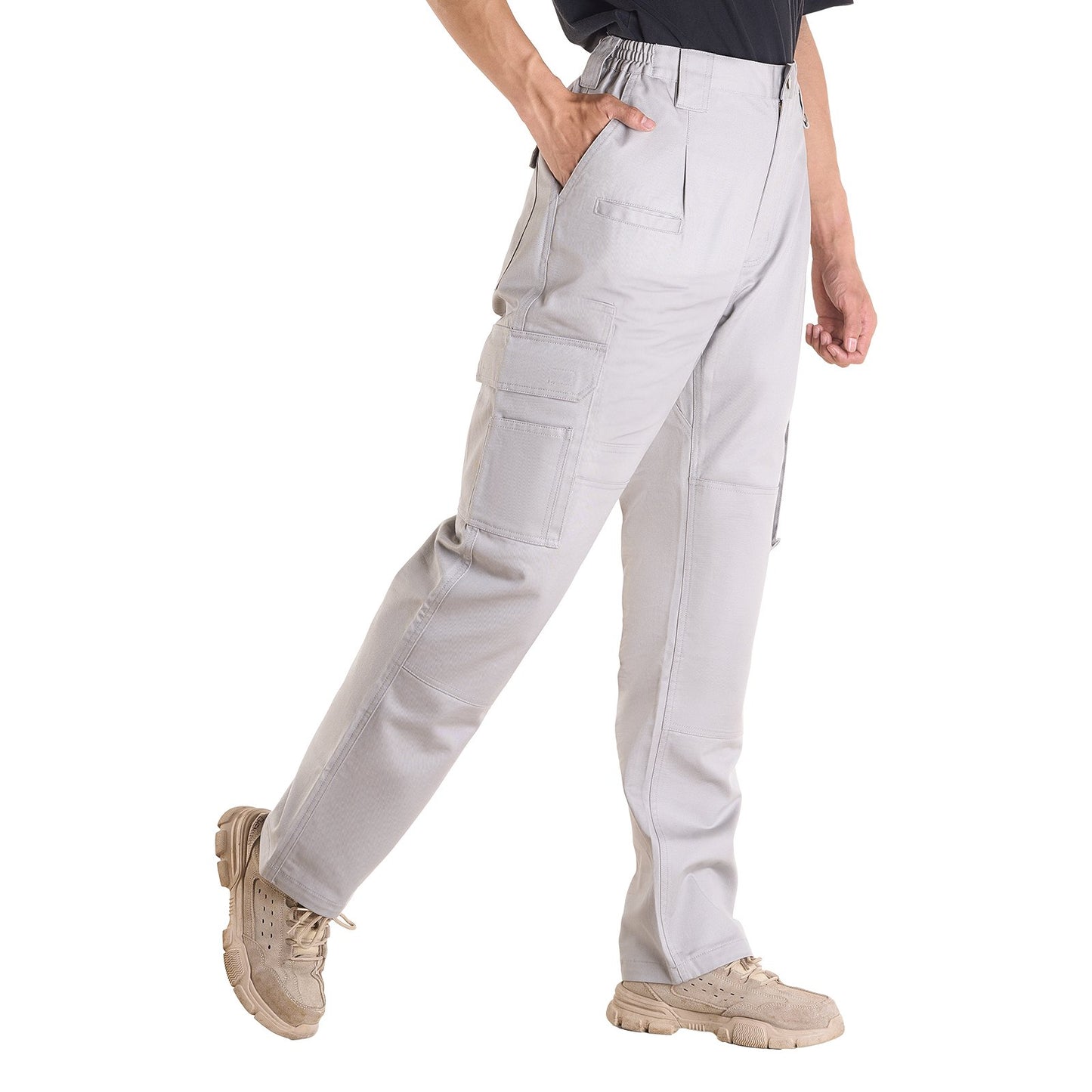 FR Pants for Men, 9 oz 100% Cotton, Flame-Resistant Cargo Pants with Multi-Pockets and Elastic Waist, Reinforced Tear-proof Stitching, Ideal for Welding Work and Casual Wear, L Size, Gray