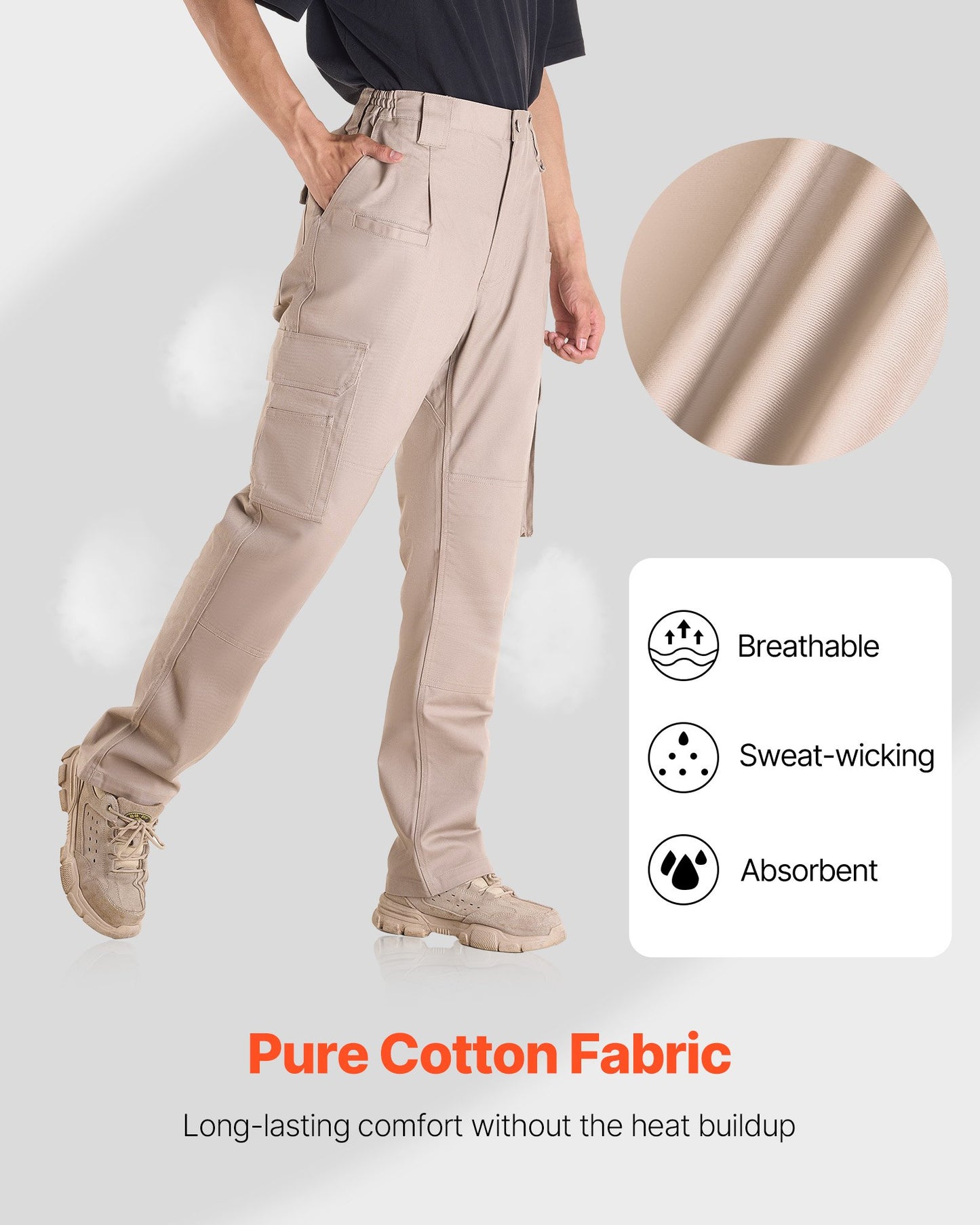 FR Pants for Men, 9 oz 100% Cotton, Flame-Resistant Cargo Pants with Multi-Pockets and Elastic Waist, Reinforced Tear-proof Stitching, Ideal for Welding Work and Casual Wear, L Size, Khaki