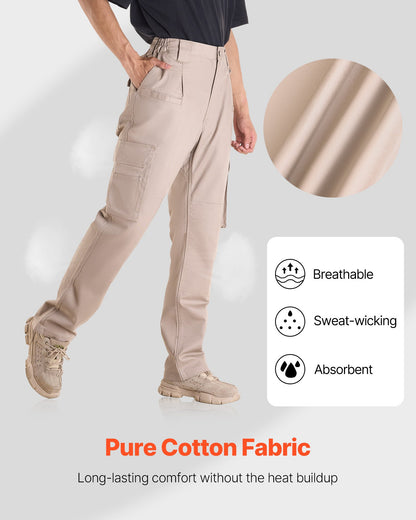 FR Pants for Men, 9 oz 100% Cotton, Flame-Resistant Cargo Pants with Multi-Pockets and Elastic Waist, Reinforced Tear-proof Stitching, Ideal for Welding Work and Casual Wear, L Size, Khaki