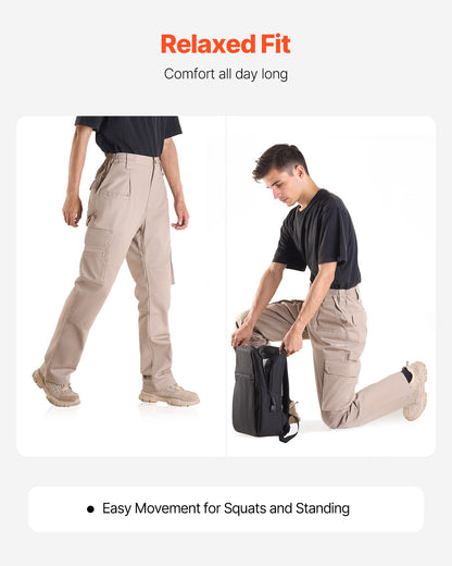 FR Pants for Men, 9 oz 100% Cotton, Flame-Resistant Cargo Pants with Multi-Pockets and Elastic Waist, Reinforced Tear-proof Stitching, Ideal for Welding Work and Casual Wear, L Size, Khaki