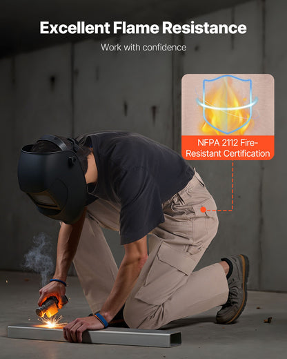 FR Pants for Men, 9 oz 100% Cotton, Flame-Resistant Cargo Pants with Multi-Pockets and Elastic Waist, Reinforced Tear-proof Stitching, Ideal for Welding Work and Casual Wear, L Size, Khaki