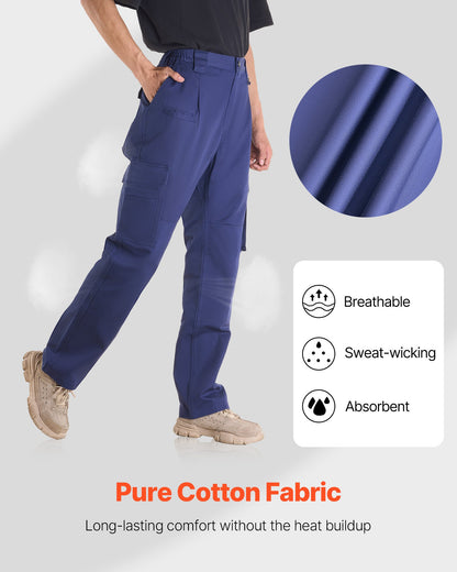 FR Pants for Men, 9 oz 100% Cotton, Flame-Resistant Cargo Pants with Multi-Pockets and Elastic Waist, Reinforced Tear-proof Stitching, Ideal for Welding Work and Casual Wear, L Size, Dark Blue