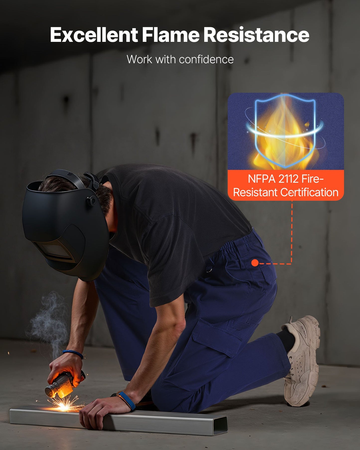 FR Pants for Men, 9 oz 100% Cotton, Flame-Resistant Cargo Pants with Multi-Pockets and Elastic Waist, Reinforced Tear-proof Stitching, Ideal for Welding Work and Casual Wear, L Size, Dark Blue