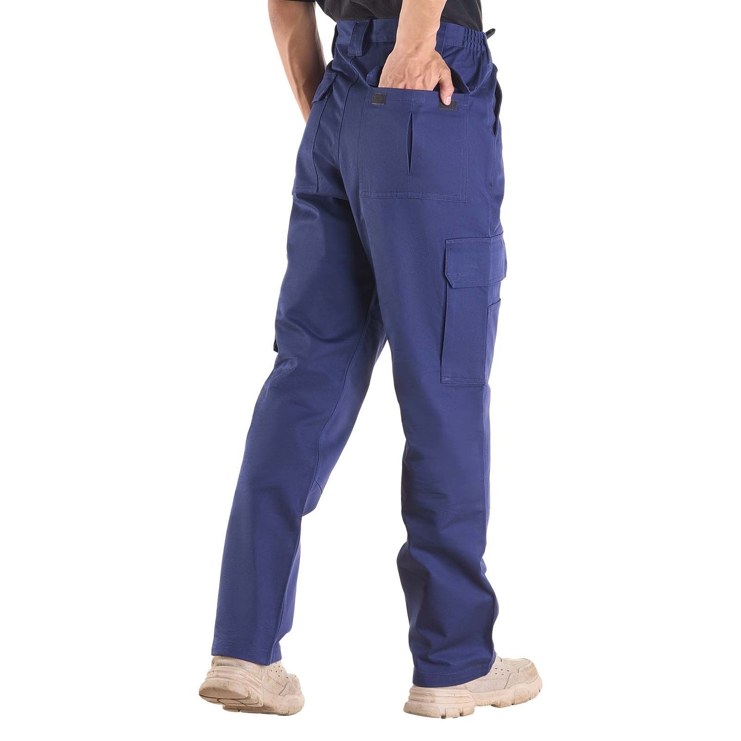 FR Pants for Men, 9 oz 100% Cotton, Flame-Resistant Cargo Pants with Multi-Pockets and Elastic Waist, Reinforced Tear-proof Stitching, Ideal for Welding Work and Casual Wear, L Size, Dark Blue